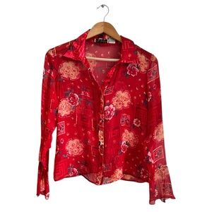 Vintage NYC Design Co Silk Sheer Blouse Small Red Button Up Romantic